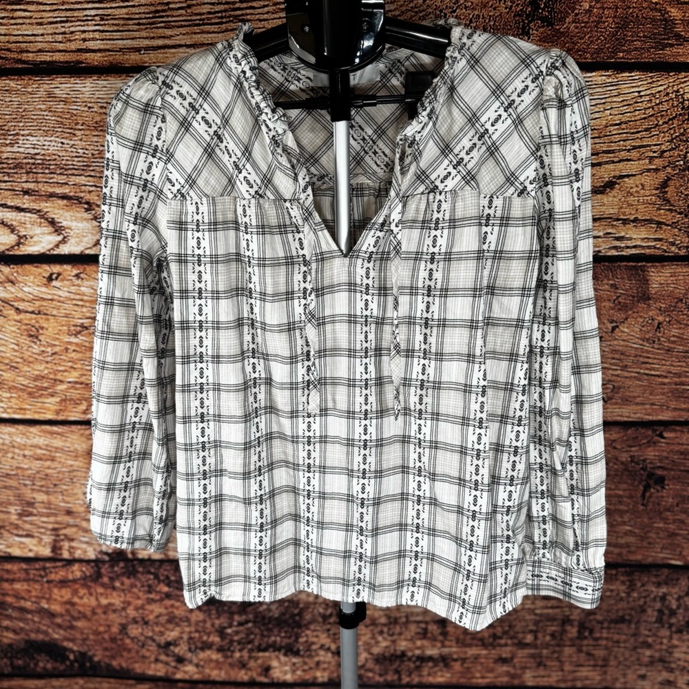 LOFT Black & White Women's Plaid Cotton Peasant Blouse |‎ Size S Boho